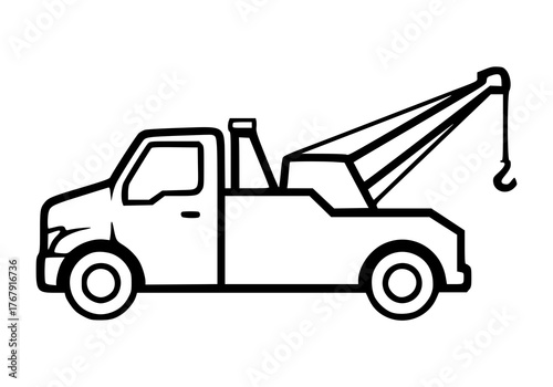 Black and white line art illustration of a tow truck with a crane and hook, viewed from the side.