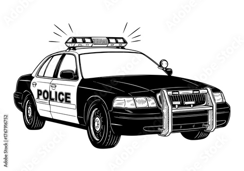 A black and white illustration of a police car with its emergency lights flashing.