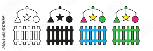 Baby playpen icon with mobile toy, symbolizing infant safety enclosure, nursery, childcare, play area, and secured environment for children development.