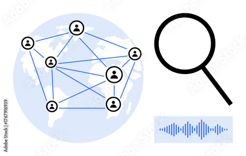 Network of connected people across globe with magnifying glass and audio wave. Ideal for communication, technology, connectivity, global reach, research, analysis, teamwork, simple flat metaphor