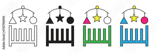 Classic baby cot icon with mobile hanging toy, symbolizing traditional nursery, infant sleep safety, childcare, and safe environment for newborn development.