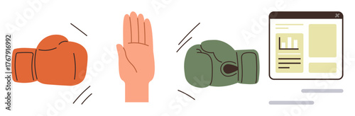 Boxing gloves in confrontation, hand signaling stop, and a document window. Ideal for teamwork, conflict resolution, negotiation, decision-making, communication, workplace culture simple flat