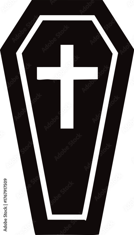 Obraz premium Coffin sketch with cross symbol, hand drawn black and white outline — stock vector