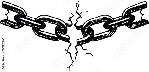 Broken chain sketch, hand drawn style, dramatic crack and separation — stock vector