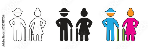 Elderly couple standing icon with canes, symbolizing senior support, retirement life, long-term care, married life, and health companionship for seniors.