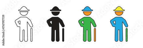 Elderly gentleman standing icon with a cane and hat, symbolizing senior health, mobility support, aged independence, retirement lifestyle, and assistance for men.