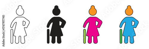 Elderly woman standing icon with a cane, symbolizing senior care, aging health, support, independence, mobility aid, and pensioner lifestyle for females.