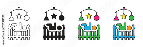 Baby lying down icon near a playpen with a mobile toy, representing infant play area, nursery enclosure, child safety, and secure environment for newborns.