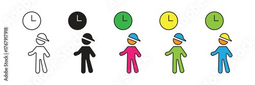 Child standing icon with a time/clock symbol, representing school schedule, appointment time, child's routine, educational class, and daily activity tracking.