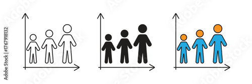 Human growth chart icon with multiple figures, symbolizing development stages, demographic data, population analysis, height tracking, and generational change over time.