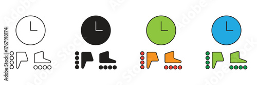 Roller skating icon with a clock, symbolizing scheduled sports activity, playtime limit, leisure time, fitness class, and outdoor fun or hobby session.
