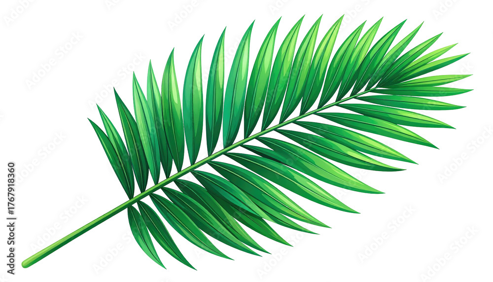 Fototapeta premium Lush, green palm frond; detailed, stylized illustration on a black background, featuring intricate leaf patterns