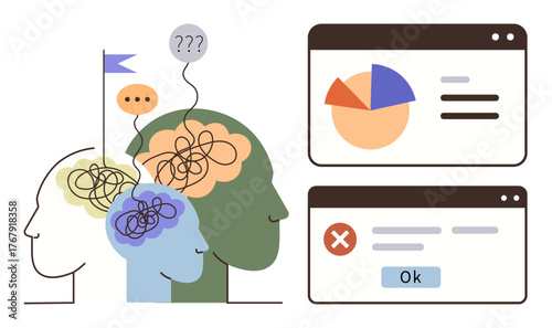 Human heads with tangled thoughts, speech bubbles, question marks, and flags next to data charts on screens. Ideal for brainstorming, decision making, mental clarity, problem-solving, cognitive load