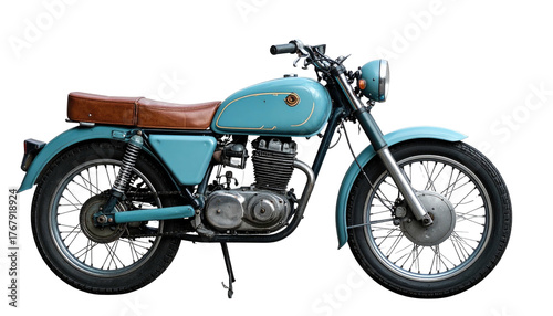 A light blue vintage motorcycle with a brown leather seat, against a black background