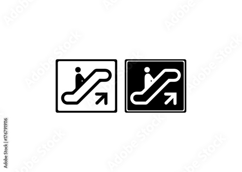 Two icons showing a person on an upward escalator, symbolizing upward movement, transportation, and modern convenience in public spaces.