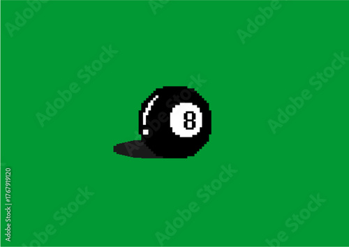 Pixel art of a black 8-ball on a green billiard table, representing pool, precision, and classic indoor leisure.