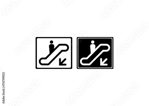 Two icons showing a person descending on an escalator, symbolizing downward movement, transportation, and accessibility in public spaces.