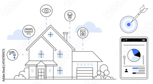 Smart home with connected devices, including lighting, heating, security, and appliances, linked to a mobile app displaying analytics and control. Ideal for automation, connectivity, technology