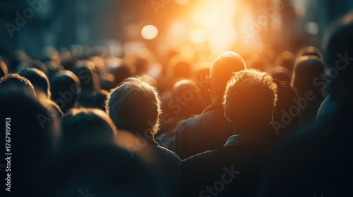 Silhouetted crowd of people walking towards bright sunlight.