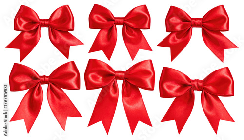 Six vibrant red satin bows, neatly arranged against a stark black backdrop, shining with soft highlights