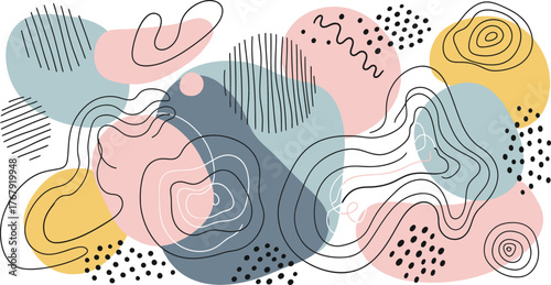 Abstract aesthetic doodle shapes, irregular blobs, squiggles, dots, and minimal line patterns