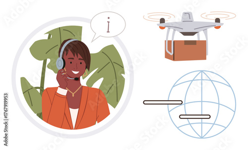 Smiling support agent in headset, speech bubble, quadcopter carrying package, and globe symbolizing worldwide connection. Ideal for logistics, communication, e-commerce, delivery, innovation