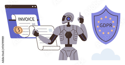 Robot gesturing at invoice interface and GDPR shield highlighting data protection, security, automation. Ideal for finance, compliance, cybersecurity, AI, fintech cloud governance. Simple flat