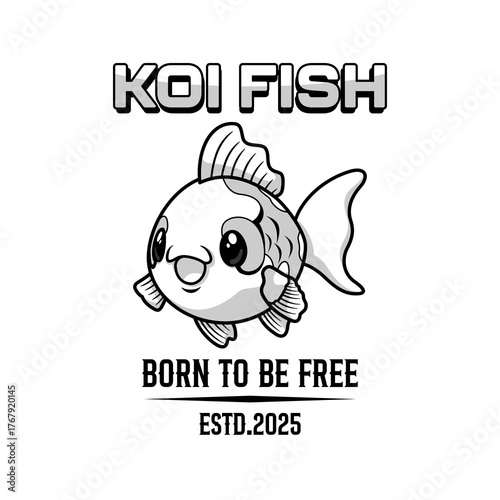 Cute kawaii koi fish art vector design monochrome