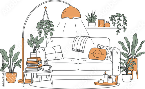Cozy home doodles, sofa, lamp, books, plants, tea, candles, minimal line art style.