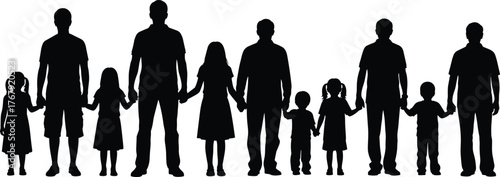 Adults and children holding hands silhouette cartoon illustration, symbolic family unity and expressive care artwork for lifestyle design