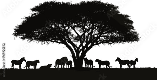 African wildlife under tree silhouette cartoon illustration, symbolic biodiversity and expressive natural harmony artwork for design and education