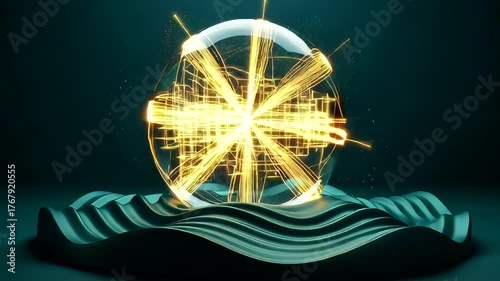 Futuristic glowing sphere on wavy surface with abstract light patterns