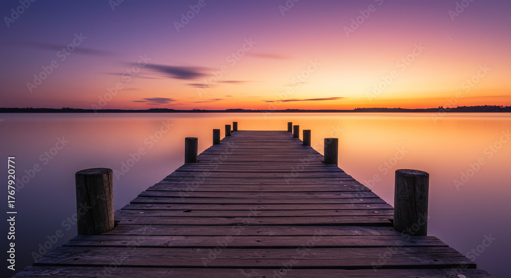 Obraz premium Wooden pier stretching into a calm lake at sunset with colorful sky