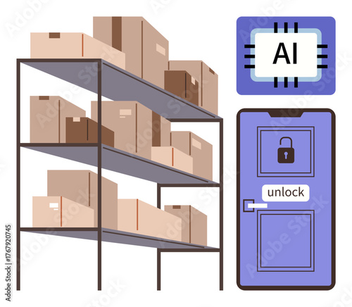 Stacked cardboard boxes on metal shelves near a locked door labeled unlock and AI chip. Ideal for technology, automation, inventory, security, warehouse, innovation, simple flat metaphor