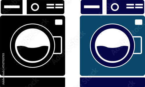 Laundry machines in contrasting black and blue washing machine icon set