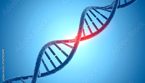 Huntington's disease DNA helix mutation highlighted red, stuttering genetic sequence on blue