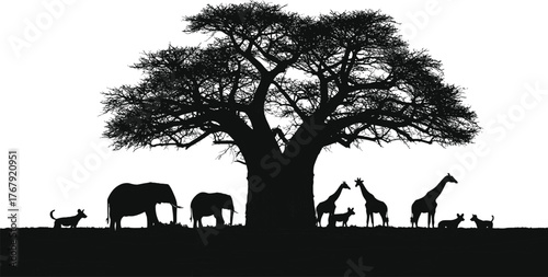 Baobab tree with African wildlife silhouette cartoon illustration, symbolic shelter and expressive biodiversity artwork for design and education