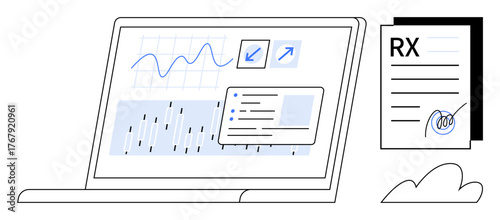 Laptop displaying analytics charts, graphs, and data insights next to a signed prescription document. Ideal for healthcare, telemedicine, digital records, data monitoring, e-prescriptions, analytics
