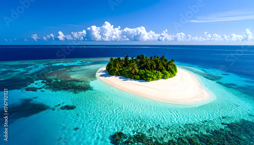 Tropical Island Paradise: An idyllic scene unfolds with a secluded island embraced by the turquoise embrace of a tranquil ocean, promising serenity and escape.