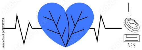 Blue heart with branch veins connected to a pulse line. Ventilation elements suggest air quality. Ideal for healthcare, wellness, sustainability, technology, environment, energy, modern living