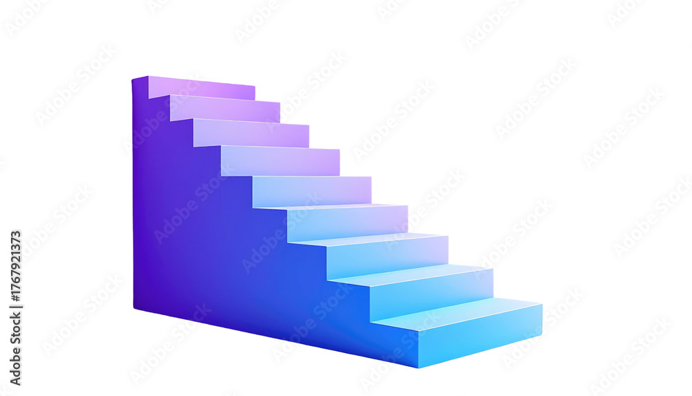 Obraz premium Gradient-lit stairs leading upwards, showcasing blue-purple hues against a stark black backdrop. Sharp edges and simple geometric forms