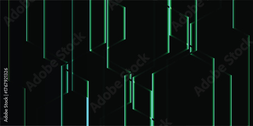 Abstract digital artwork featuring vertical green lines against a dark background, geometric shapes.