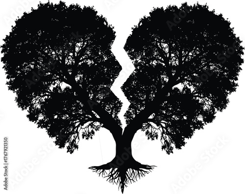 Broken heart trees with swing silhouette cartoon illustration, symbolic emotional connection and expressive nature artwork for design and storytelling