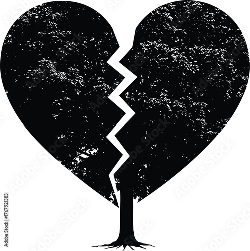 Broken heart tree silhouette cartoon illustration, symbolic emotion and expressive nature heartbreak artwork for design and storytelling