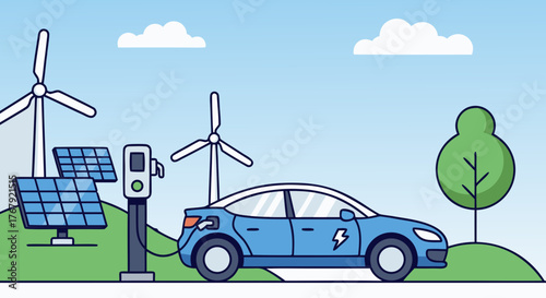 Sustainable electric vehicle charging with solar panels and wind turbines powering a clean energy future illustration