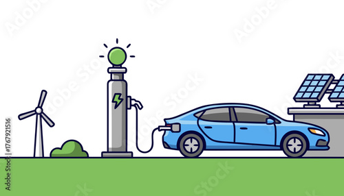 Eco-friendly electric vehicle charging station with solar panels and wind turbine, promoting sustainable energy solutions for a greener future