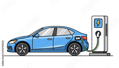 Illustration of a blue electric vehicle charging at a public charging station, symbolizing sustainable transportation and eco-friendly energy solutions
