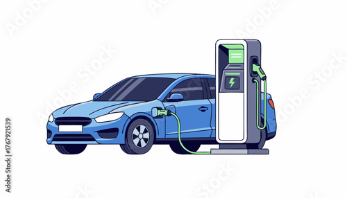 Modern Electric Vehicle Charging Station with Blue Car Plugged In, Symbolizing Sustainable Energy and Green Technology