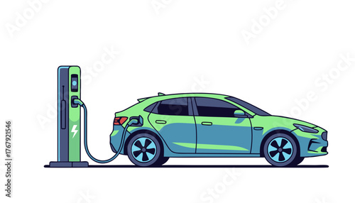 Green electric car charging at a modern station, representing eco-friendly transportation and a sustainable future of driving