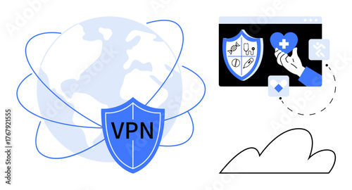 Globe with VPN shield, digital health, tools window, cloud. Ideal for cybersecurity, online privacy, healthcare data security, global connectivity, encryption technology protection simple flat